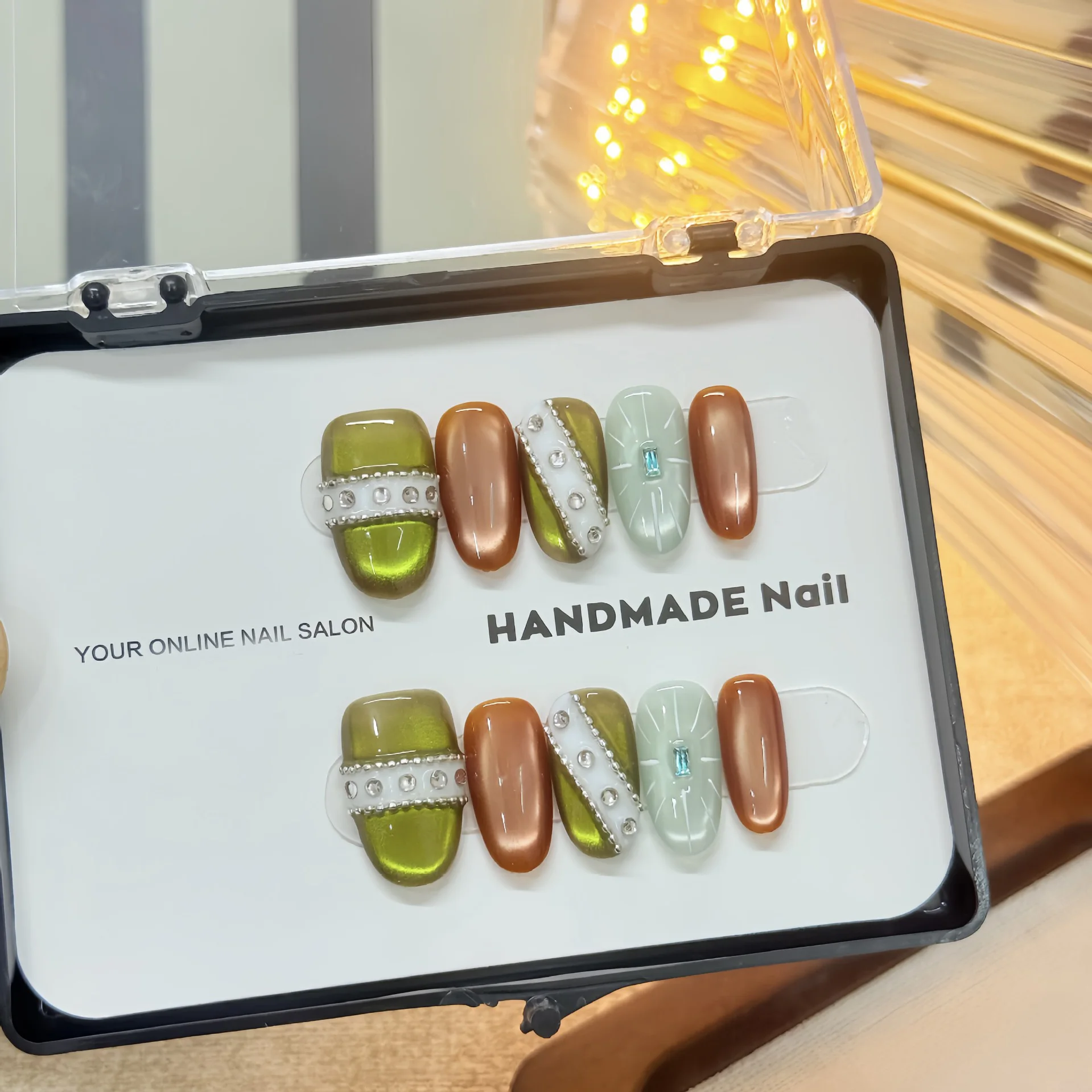 

10pcs Blue-Green Handmade Nails Glittering Pearl Cat Eye Press on Nail Short Oval Full Coverage Nail Tips for Women&Girl