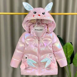 2025 Winter Jacket For Girls Coat Cute Rabbit Ears Waterproof Shiny Hooded Children Outerwear 1-6 Year Baby Kids Parkas Snowsuit
