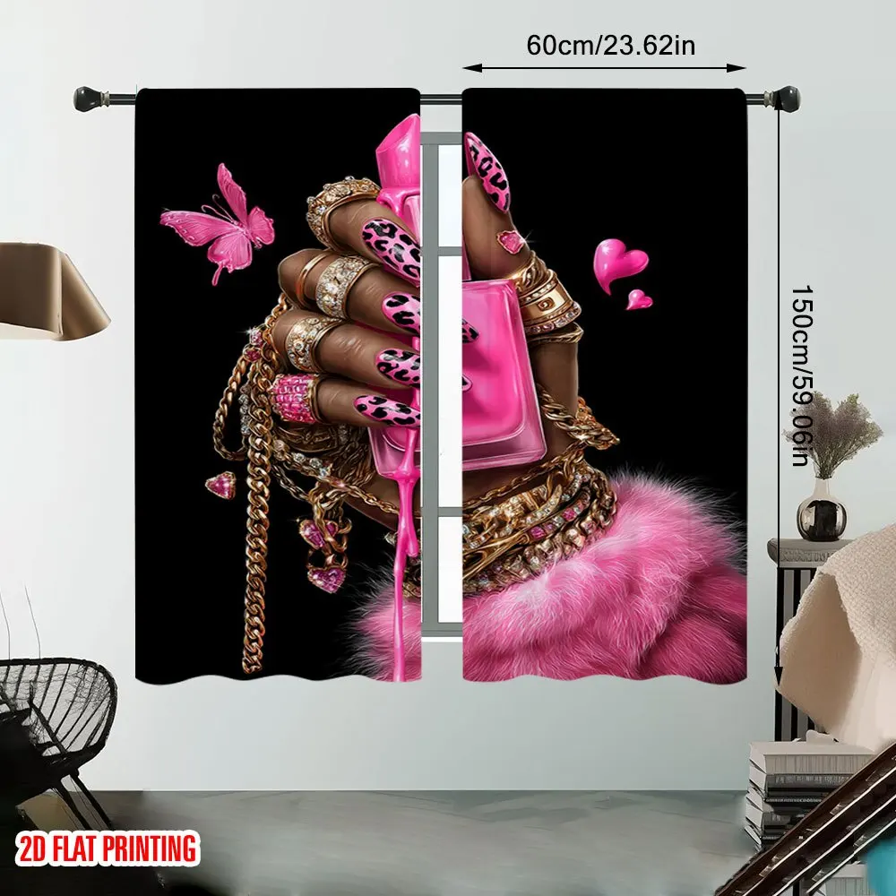 2D Flat, 2pcs Nail Art Hand Curtains Pink Butterfly Print Blackout Drape Living Room Bedroom Window Treatment Home Decor