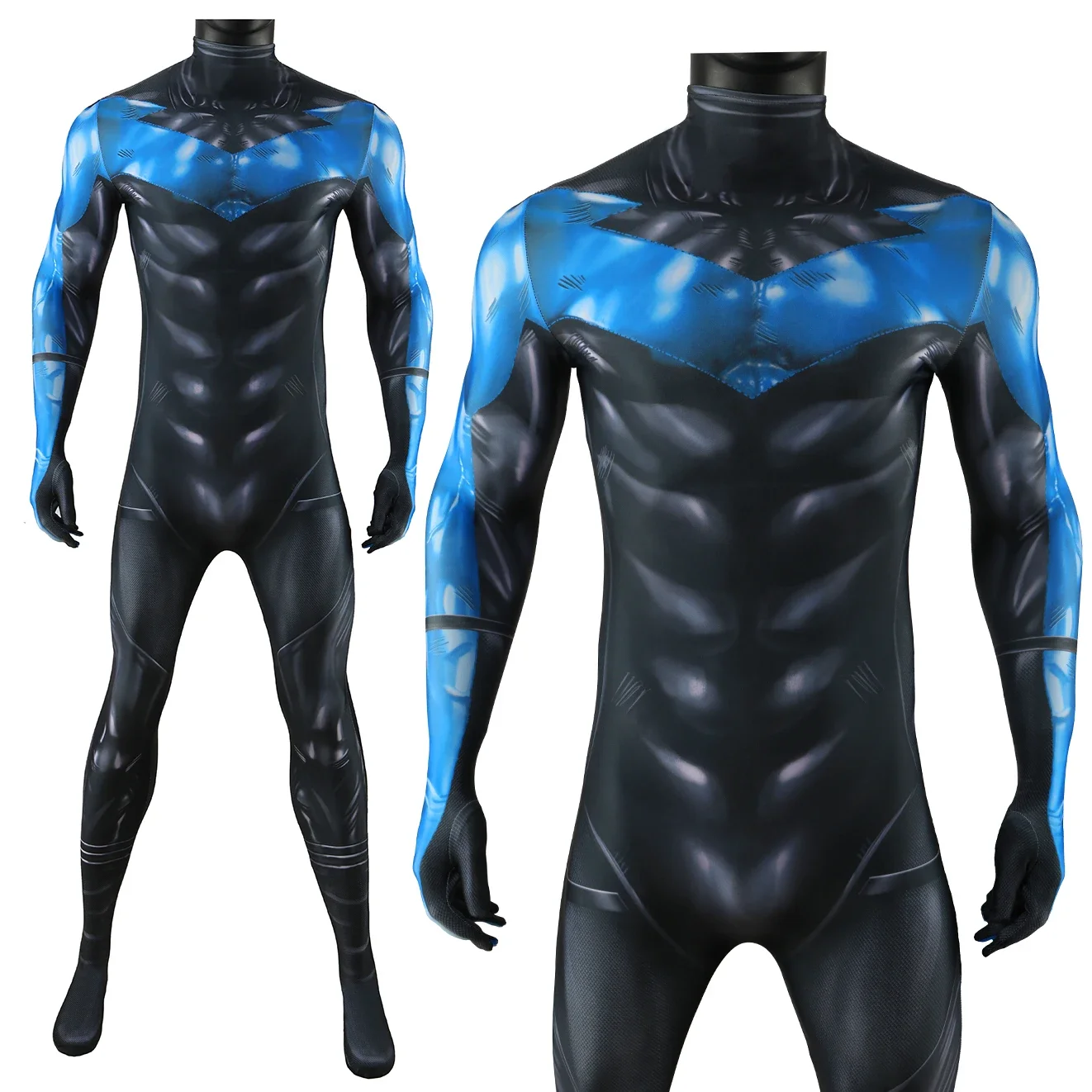 Blue Night Wing Cosplay Superhero Printed Spandex Zentai BodySuit Dick Grayson Costume Night Wing Outfit Halloween Costume Adult