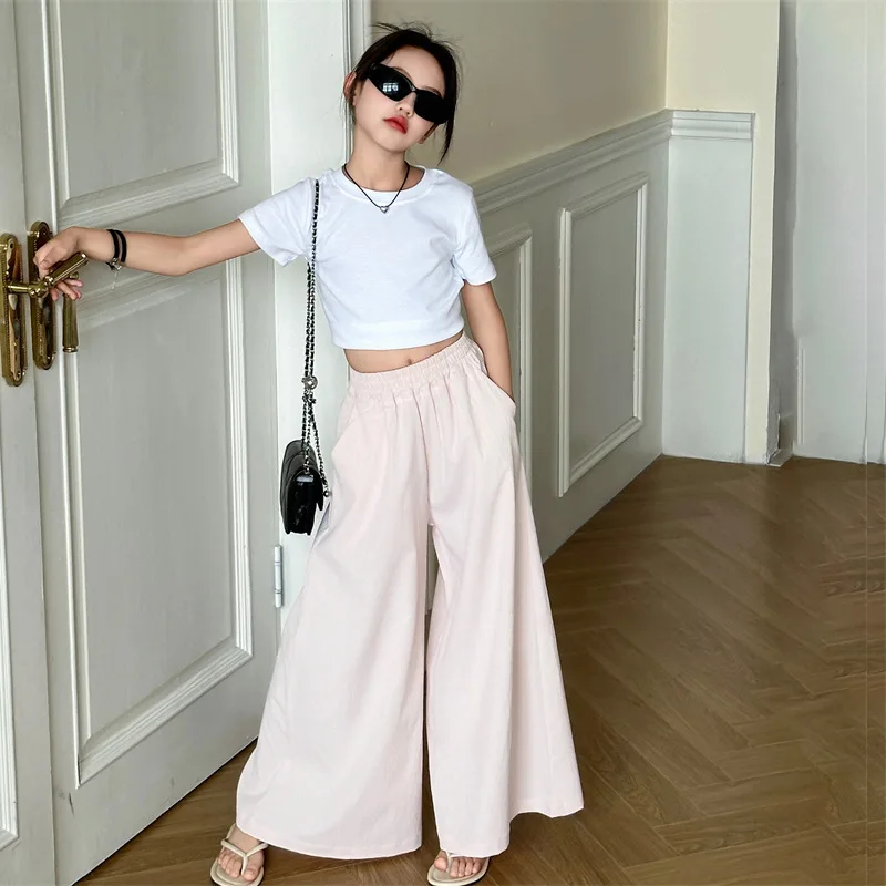 Girls Pants Summer Casual Culottes Children Girls Draw Rope Short Sleeved Summer Fashion Wide-leg Pants Korean Simple Style