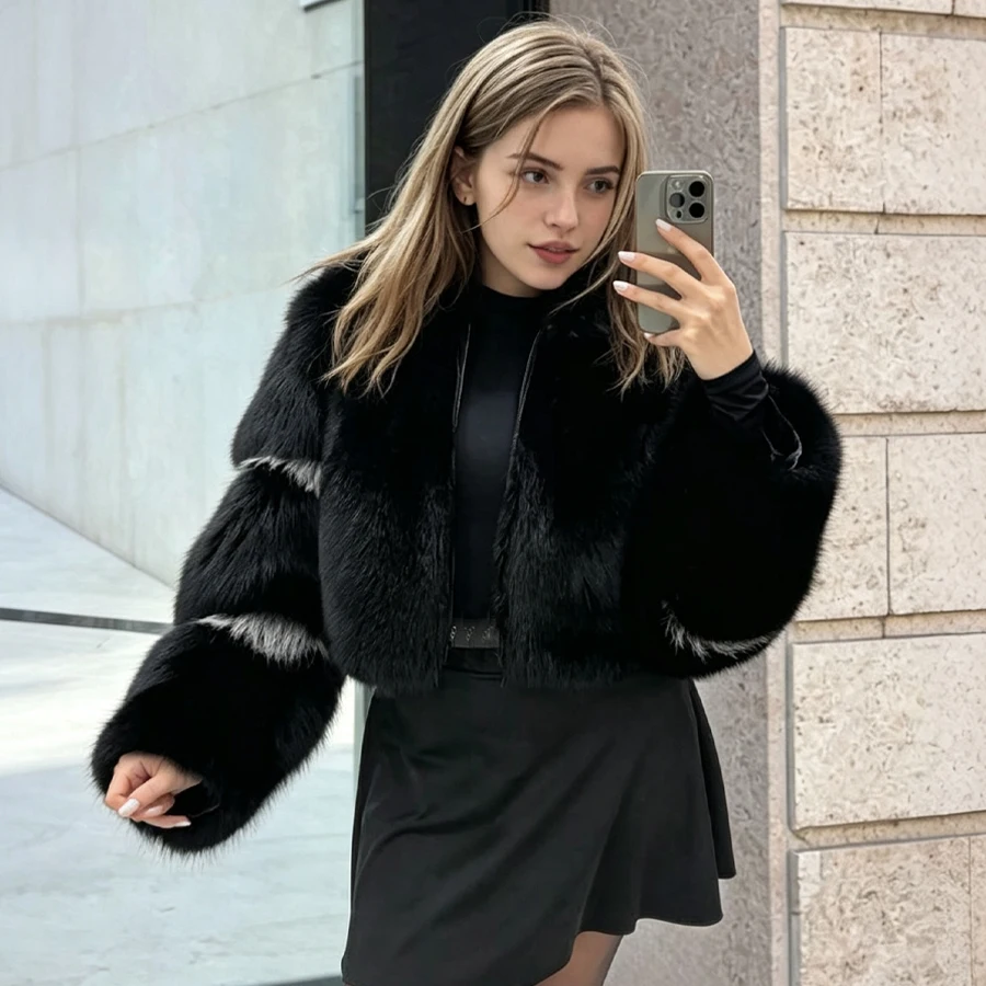 White Natural Fox Fur Coat With Stand-up Collar Bolero Jacket Cropped Fox Fur Jacket High Quality Real Fur Coat For Woman