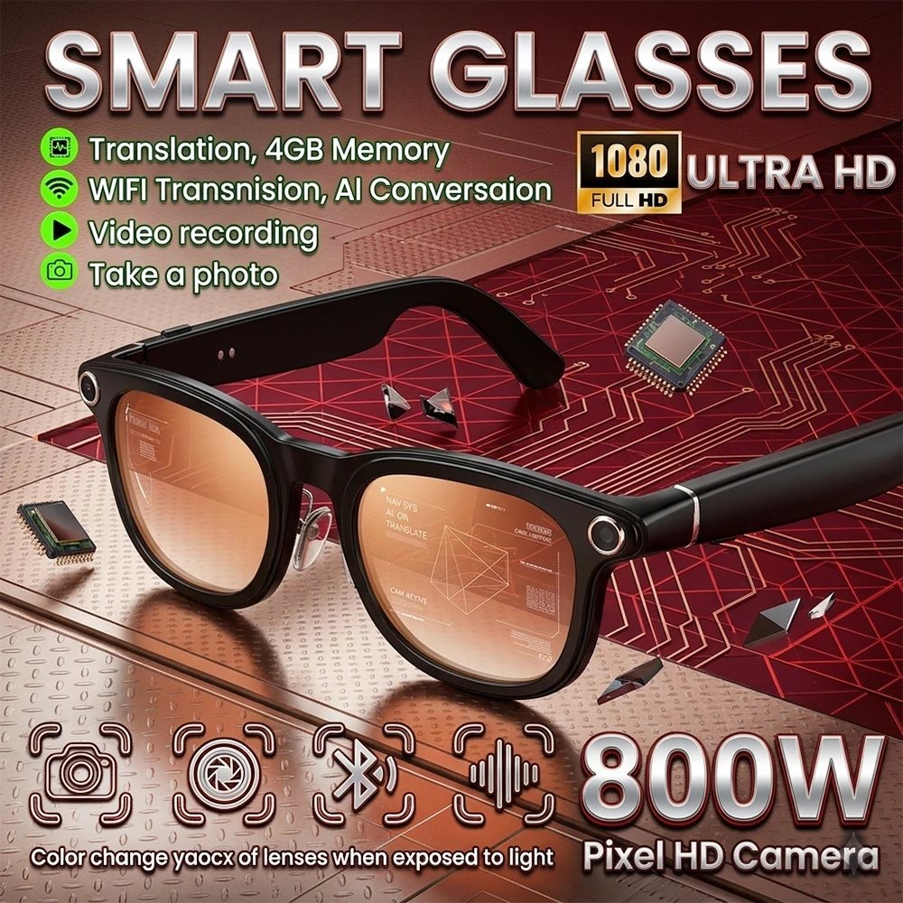 

Новые умные очки 2026 года с HD-камерой 800 Вт, функцией перевода, записью и транскрипции, двойной стабилизацией изображения, умным Q&A и LED-дисплеем заряда батареи