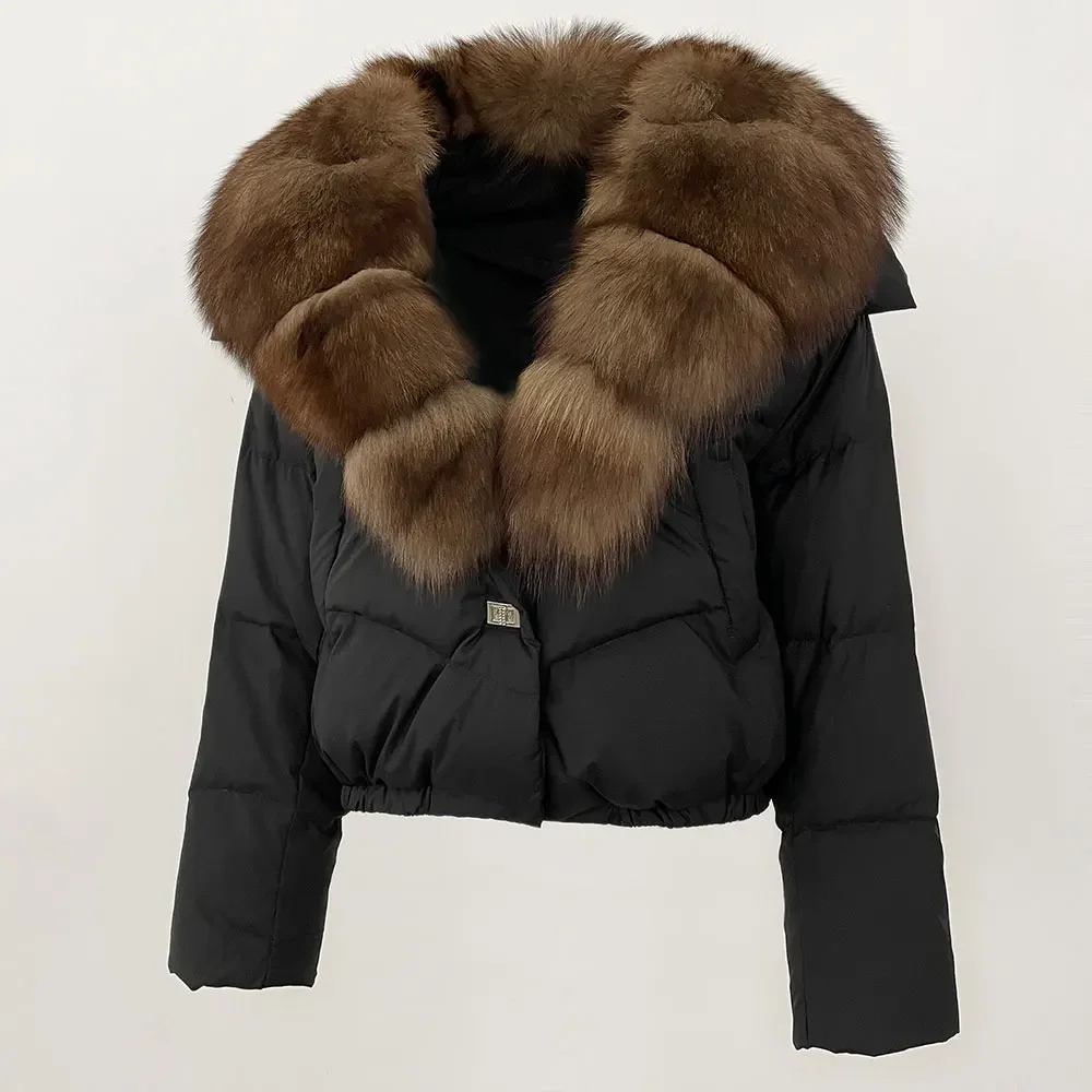 Real Fox Fur Jacket Big Real Fox Fur Collar Natural Thick Warm Duck Down Coat Short Outerwear Streetwear 2024 New Winter Women