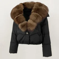 Real Fox Fur Jacket Big Real Fox Fur Collar Natural Thick Warm Duck Down Coat Short Outerwear Streetwear 2024 New Winter Women