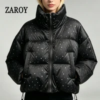 ZAROY Women Thick Warm Cotton Short Jacket Rhinestones Winter Stand Collar Down Coat Shiny Crystal Cropped Puffer Parka Пуховики