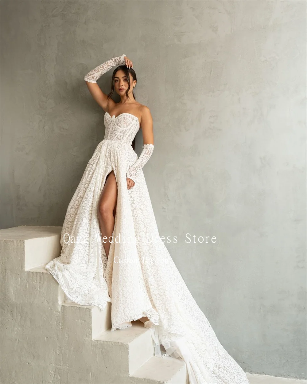 Qanz Elegant Wedding Dress Detachable Sleeves Full Lcae High Slit Court Train Vestidos Novias Boda Long Customized Bridal Gowns