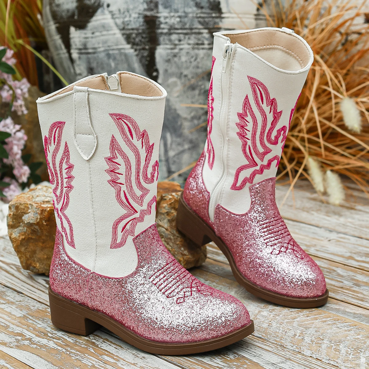 Kids Girls Pink Glitter Western Cowboy Boots, Embroidered Design, Side Zipper, Non-slip Sole for Dress-up Casual Wear Size 27-37