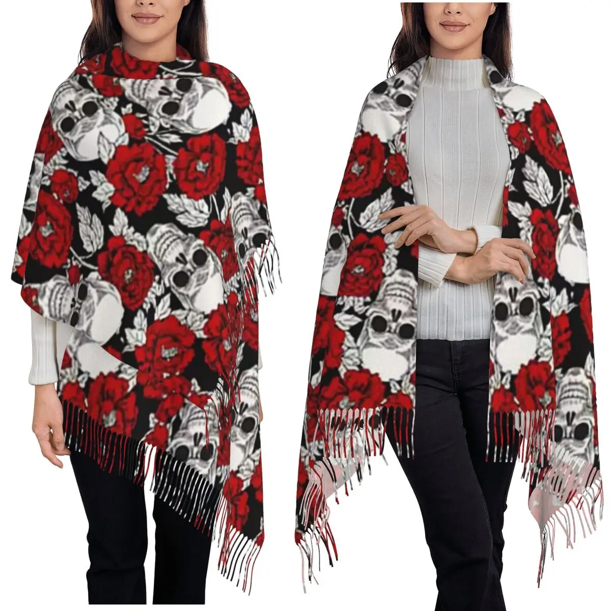 

Шарф с черепами и розовыми цветами, шарфы с кисточками, женские мягкие теплые шали и накидки, длинная осенне-зимняя шаль