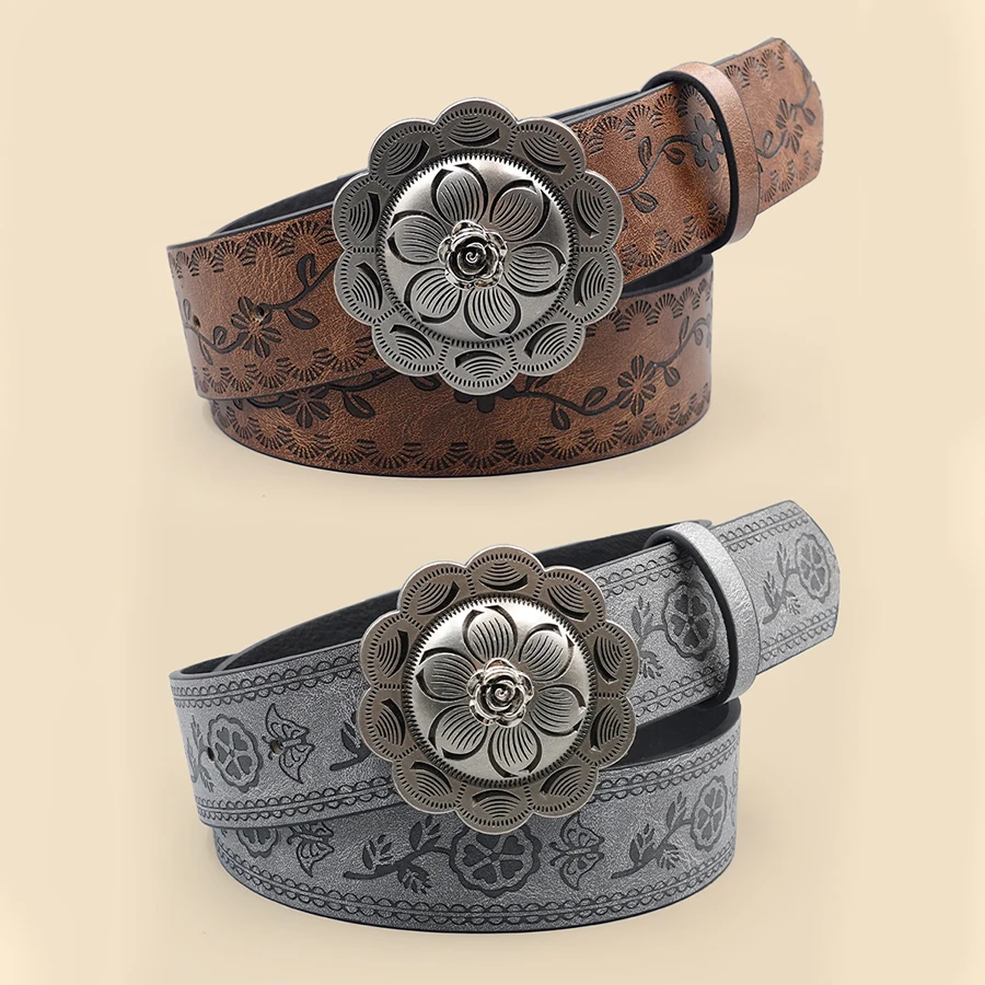 Elegant Bohemian Vintage Women's Belt - Floral Embellished Openwork Buckle Waistband for Daily Wear, Dates & Casual Styling
