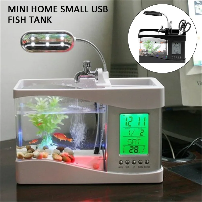 Mini Home Fish Tank USB Creative Desktop Living Room Office Desk Fish Tank Aquarium Intelligent Calendar Alarm Clock Function