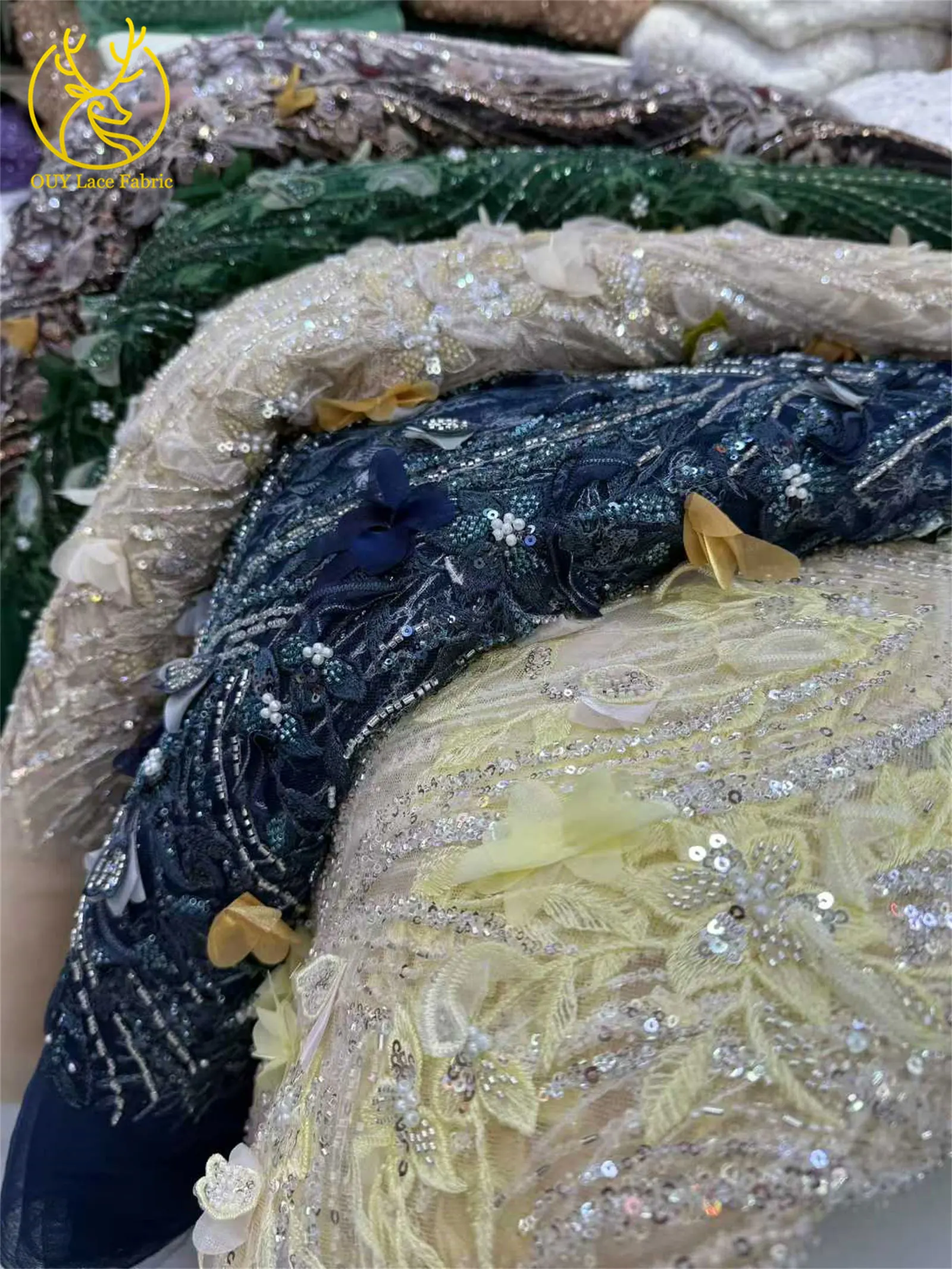 Neueste 3D Blumen Afrikanische Perlen-Spitzenstoff 2026 Französischer Nigerianischer Pailletten-Spitzenstoff für Braut Hochzeitskleid Material – Detail 11