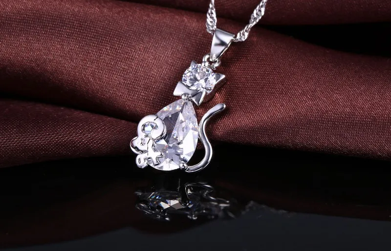 Hot Sale Christmas Birthday Gift for Girls 925 Silver Color Cubic Zircon Cute Cat Pendant Necklace Earrings Jewelry Set