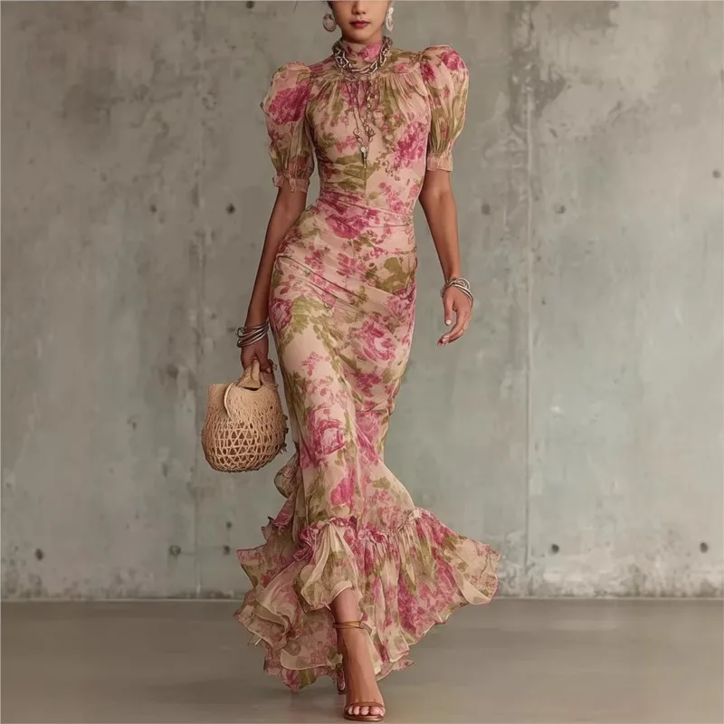

New Sexy Bodycon Floral Print Long Dresses For Women Summer Fashion Short Sleeve O-neck Slim Maxi Dress Elegant Mermaid Dress