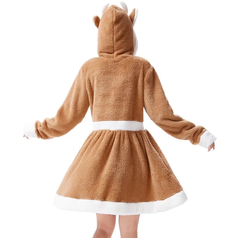 Costume de Cosplay d'élan mignon de noël, robe kaki avec autocollant d'élan, couvre-chef, chaussettes, Costume pour femmes, tenues de jeu de rôle de fête de noël