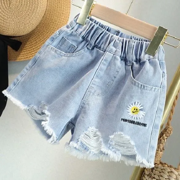 New Daisy Letter Hole Fashion Denim Shorts Baby Hot pant Teenager Summer For Girls Teens Child Student Short Jeans 2-15 Y Kids