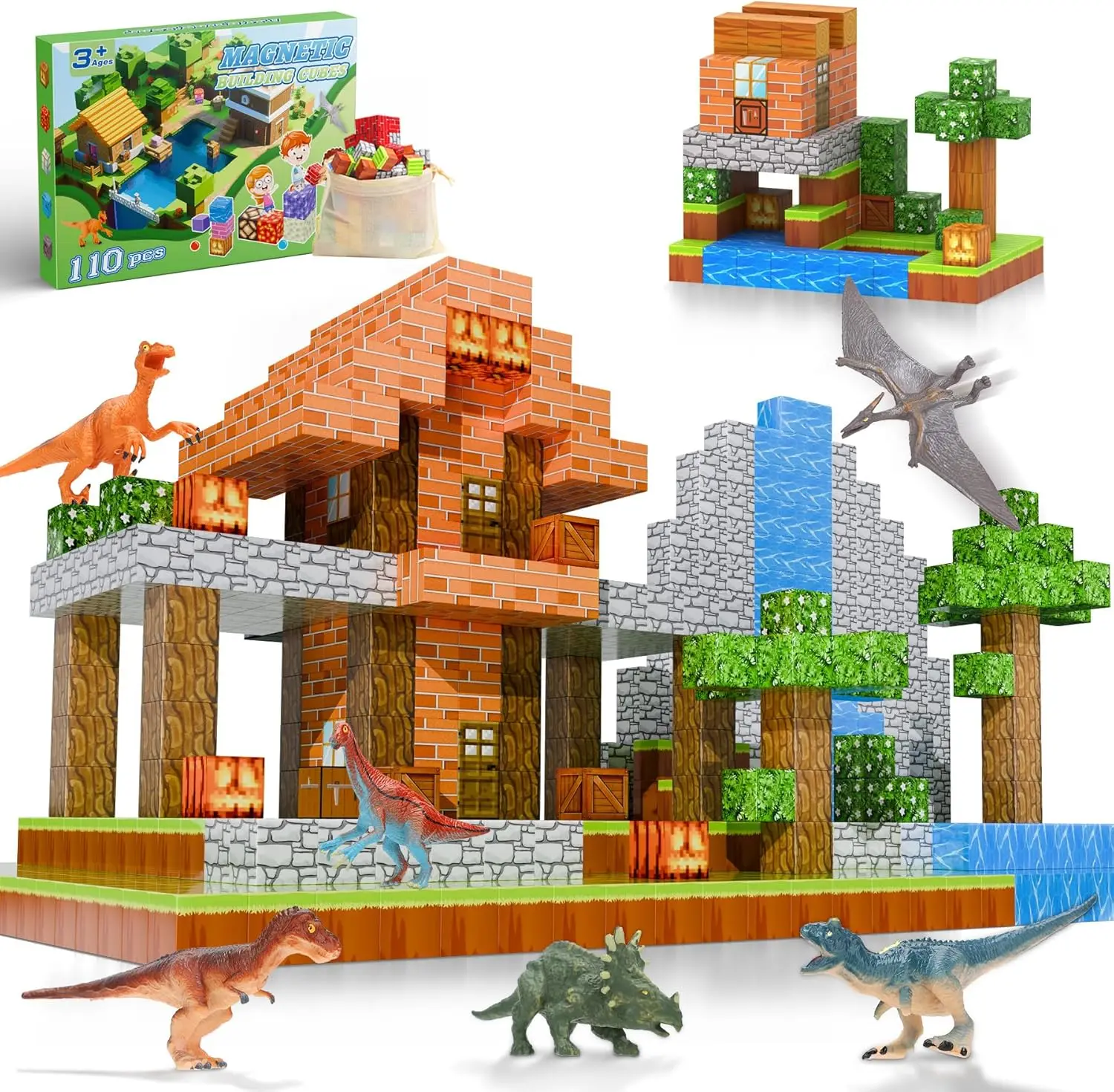 Magnetic Blocks 110PCS with 6 Animal Toys, Punpkin Building Blocks Set, Toys for Boys & Girls Age 4-6, 6-8, Stacking Building To