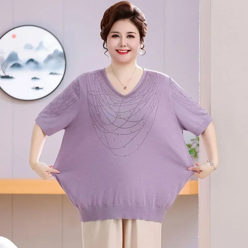 Plus Size Elderly Women Ice Silk Knit T Shirt V Neck Rhinestone Short Sleeve Blouse