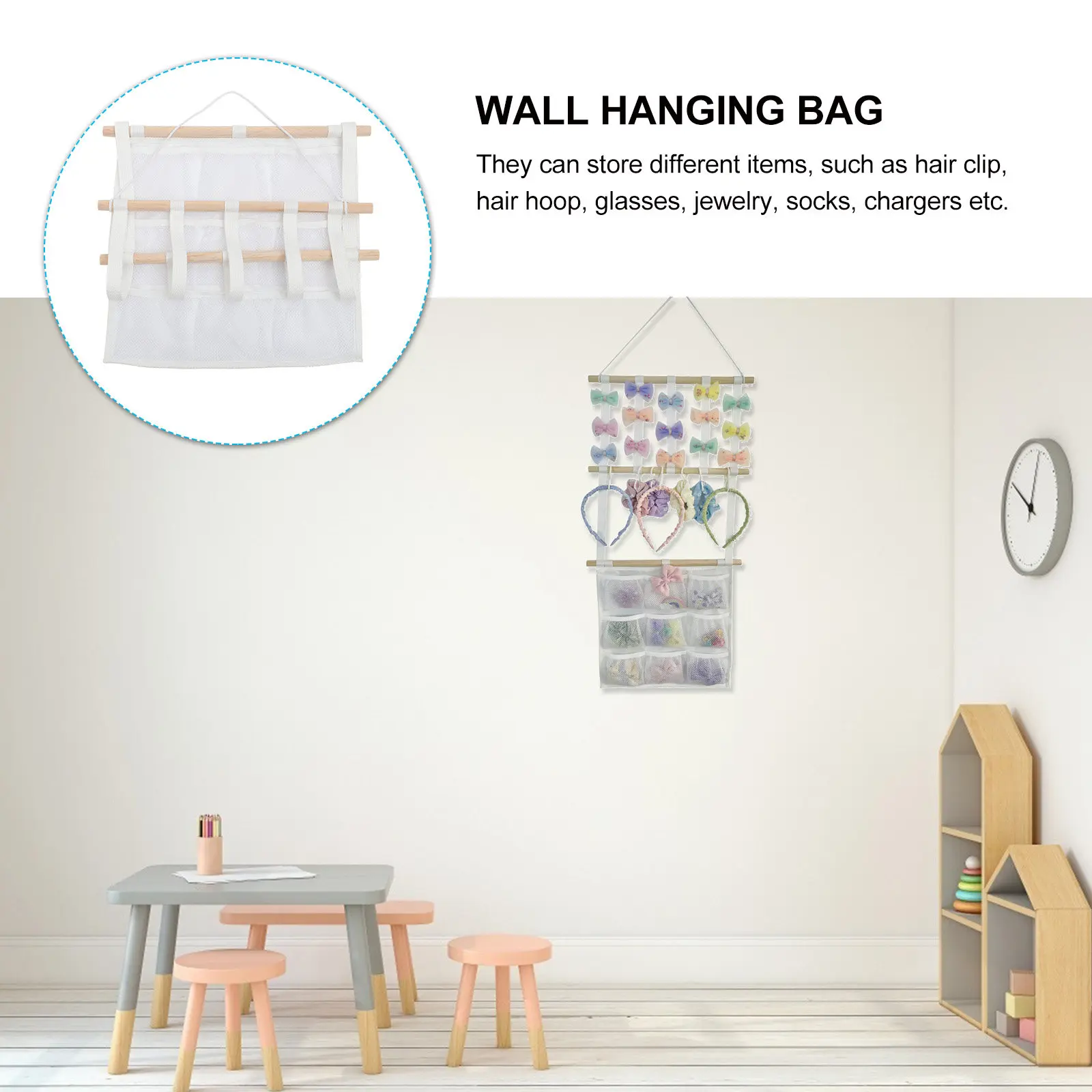 Back Door Hanging Wood Stick Hair Clip Storage Bag Multi-Grid Wall Organizer Over Door Storage Sundries Holder