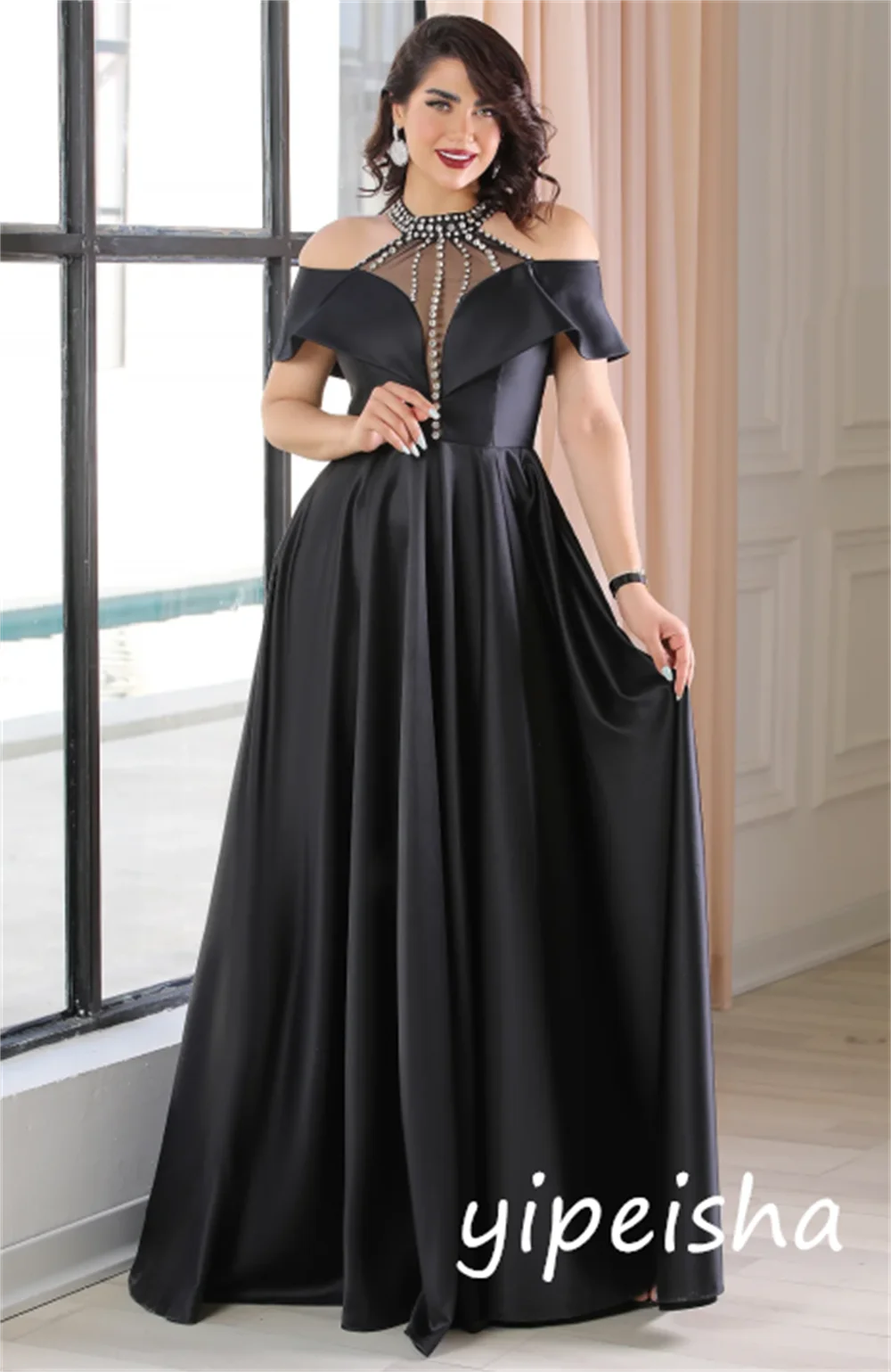 カスタマイズされたモダンスタイルのシャルムーズ、スパンコール付きプリーツ、Aライン、オフショルダー、ロングドレス、オーダーメイド、特別な機会、セクシー