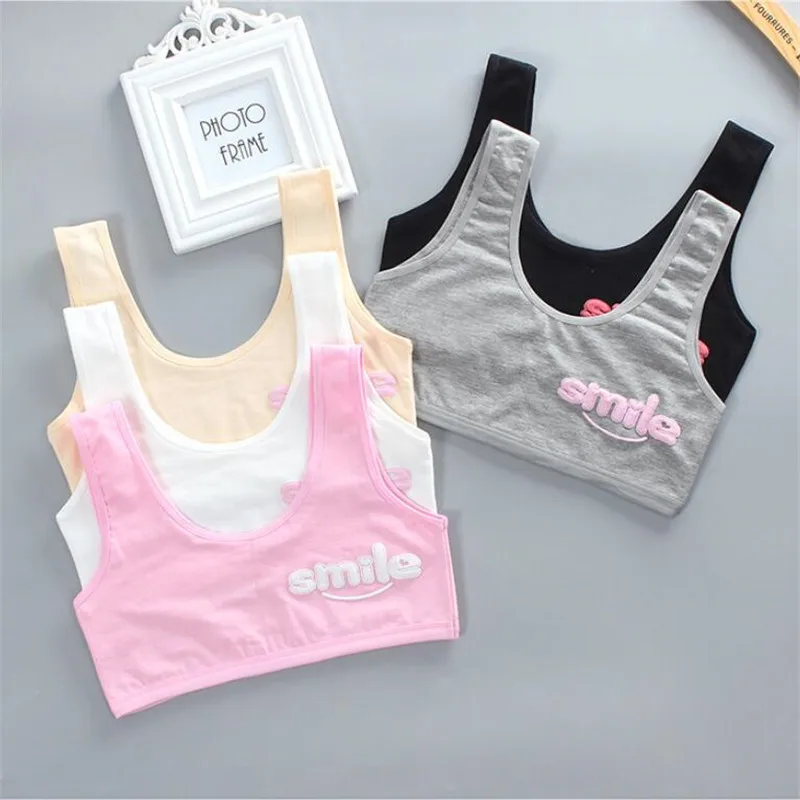 Girl Cotton Sport Training Bra Cartoon Smiley Print Print Solid Color Wide Strap Underwear Bralette Seamless Crop Top 8-16Y