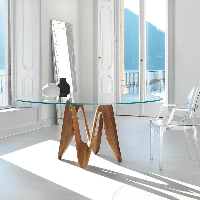 طاولة طعام زجاجية بسيطة من خشب الجوز الأسود، غرفة معيشة حديثة، طاولة طعام فنية مستديرة بسيطة #3