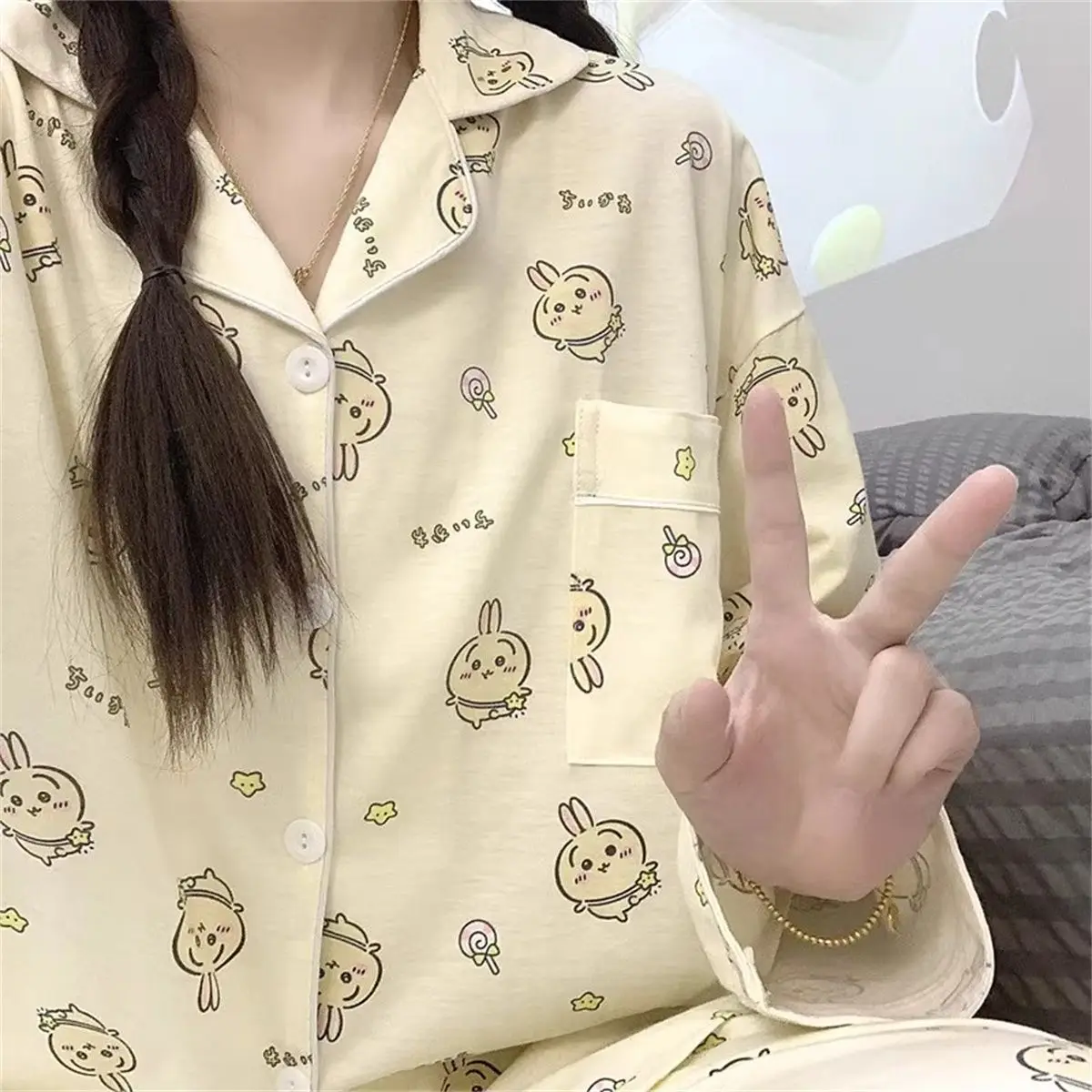 Kawaii Chiikawa Usagi Hachiware Women Pajama Set Heart Print Lapel Button Long Sleeve Top Pants Soft Cartoon Sleepwear for Girls