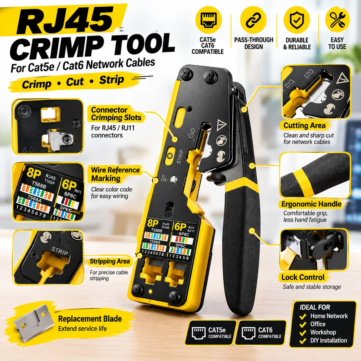 RJ45 Pass Through Crimp Tool, Ethernet Cable Crimper for Cat5 Cat5e Cat6 Connectors with Replacement Blade for Network Installat