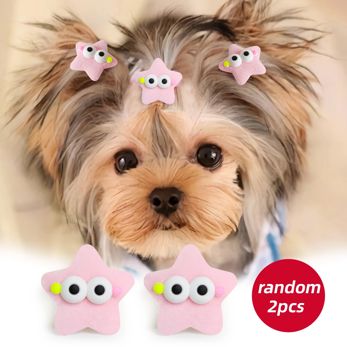 2PC Pet Dog Cat Long Hair Cartoon Cute Pink Five pointed Star Hair Clip Random Headwear Jewelry