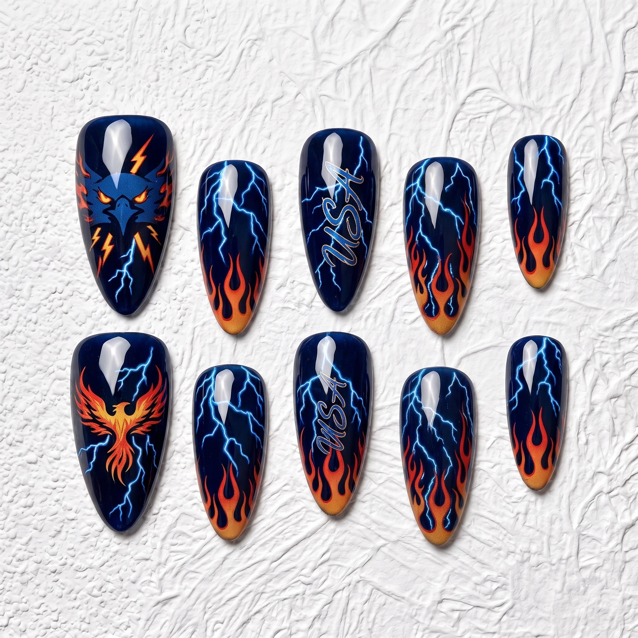 Artisan Handcrafted 10PCS USA Patriotic Almond Press-On Nails | Navy Blue, Lightning, Flames, Eagle & Phoenix, Game Day