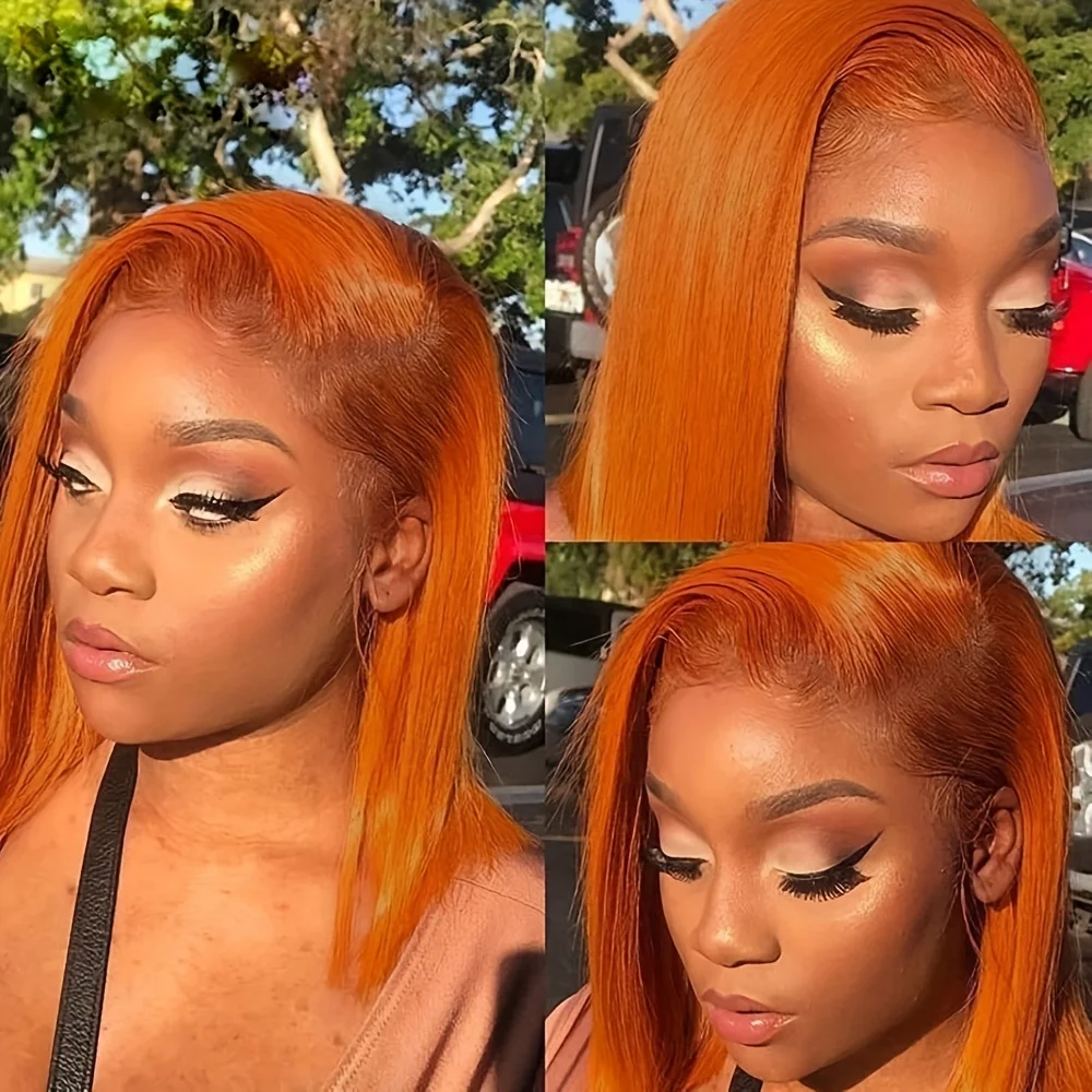 Wig Rambut Sintetis Lurus Bob Pendek Lembut Warna Oranye Ginger 180 Density Tanpa Lem 13*4*1 Lace Front Untuk Wanita Kulit Hitam Babyhair PrePlucked
