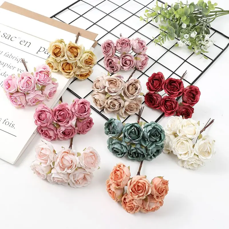 6Pcs/Bunch Silk Rose Artificial Flowers Bouquet For Home Room Decor Garden Indoor Wedding Decoration Cheap DIY Wreath Accessory