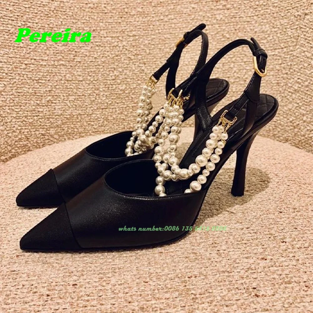 

Black Pearl Chain Buckle Pumps Pointy Toe Patchwork Slingbacck Thin Heels Sandals Summer New 2024 Luxury Party Shoes Leather