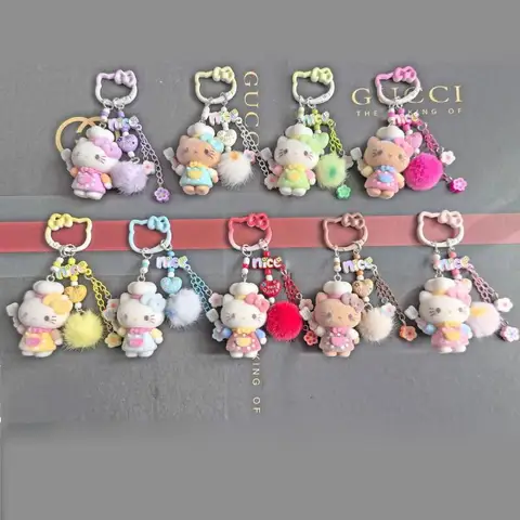 Hello Kitty Flocking Keychain Bag Hanging Charm Floral Pom Pom Pendant For Daily Accessory Matching Decoration