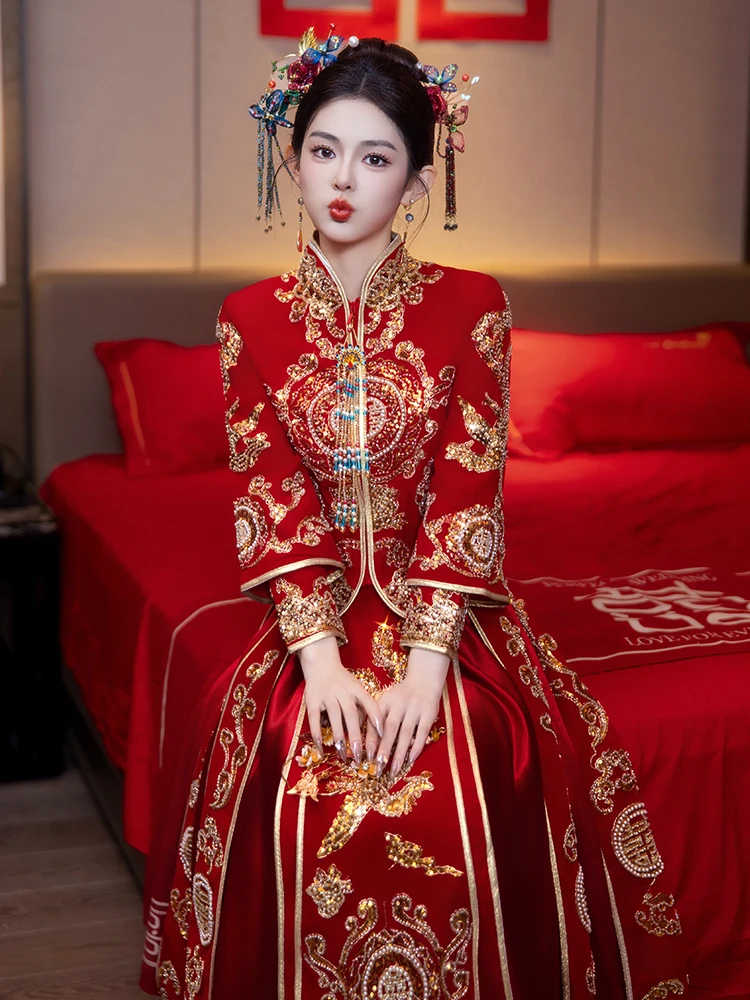 

Новый бархатный свадебный костюм 2025 года для невесты, маленький размер, китайский стиль, комплект из полиэфирного волокна