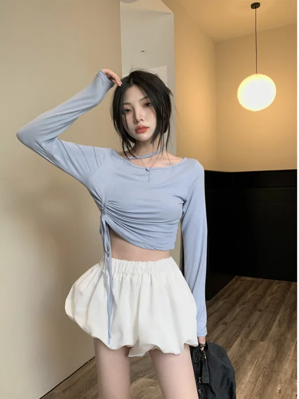 Off the Shoulder Hanging Neck Drawstring Long sleeved T-shirt Women's Early Autumn Design Feels Careful Unique Slim Top 7URY 