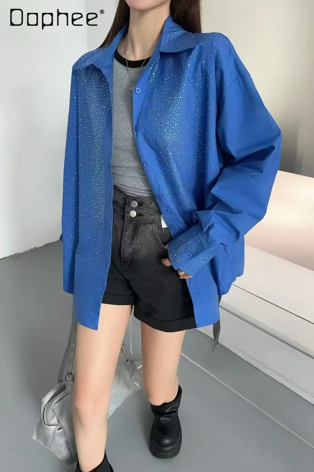 

European Shirt Women's 2026 Spring New Heavy Industry Hot Diamond Candy Color Wind Width Medium and Long Top