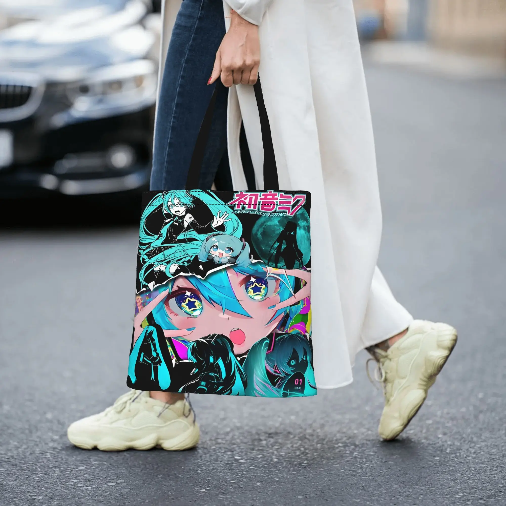 Customized Hatsune Miku Cartoon Singer Women's Bag Shopping Bag Reusable Double Sided Canvas Tote Bag Shoulder  Handbag