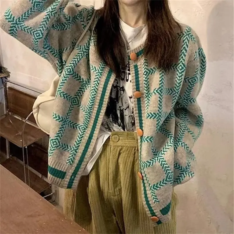 

Осень-зима, новый дизайн, свободный женский вязаный кардиган, пальто с ромбовидным узором, ленивый топ, качественный женский свитер