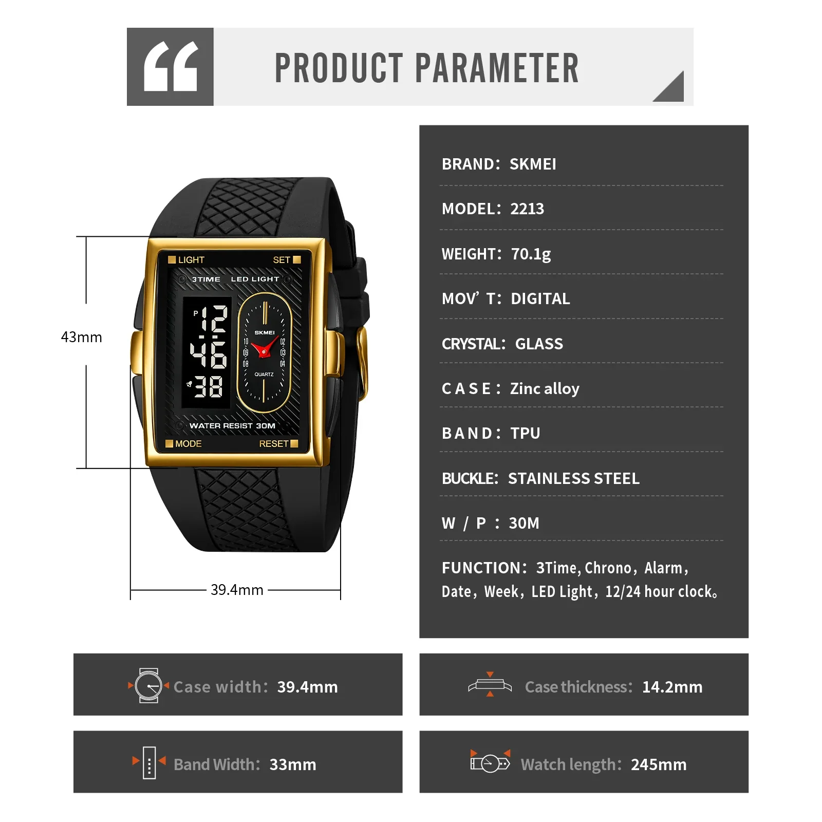 SKMEI 2213 Watch Male Dual Movement Electronic Watch Dual Display Watch Waterproof Night Light Multi functional Electronic