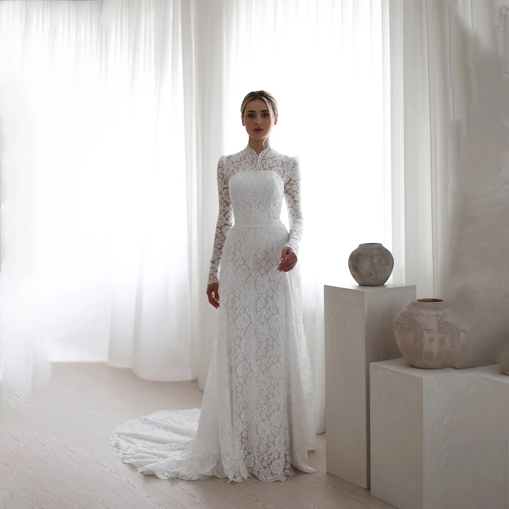 

Lace Wedding Dresses High Neck Long Sleeve Mermaid Civil Bride Dress with Sashes Elegant Bridal Gown Customized robe de mariée