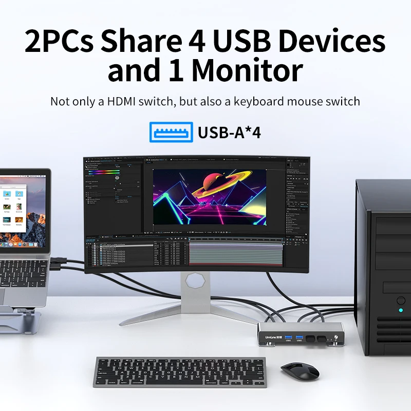 Unnlink 8K 60 Гц HDMI KVM-переключатель USB3.0 4K при 120 Гц 2K при 144 Гц KVM-переключатель 2 ПК Совмест 1 монитор, принтер, клавиатура, мышь