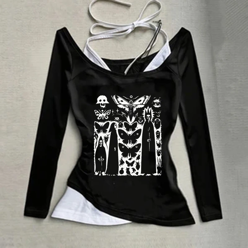 Harajuku جماليات خمر الشارع الشهير المرأة قمة الموضة فاسق كم طويل س الرقبة المحملة موضة عادية Y2K تنوعا القوطية تي شيرت #2