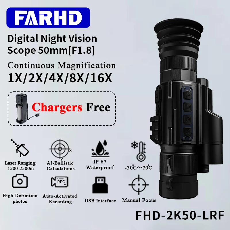 FHD-2K50-LRF 16X Zoom IP67 Waterproof Infrared Night Vision Scope OLED 0.39 Screen Digital Monocular