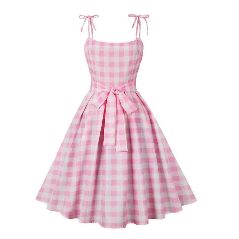 

European and American New2025barbiePink Plaid Christmas Sweet Butterfly Barbie Sling Dress5170