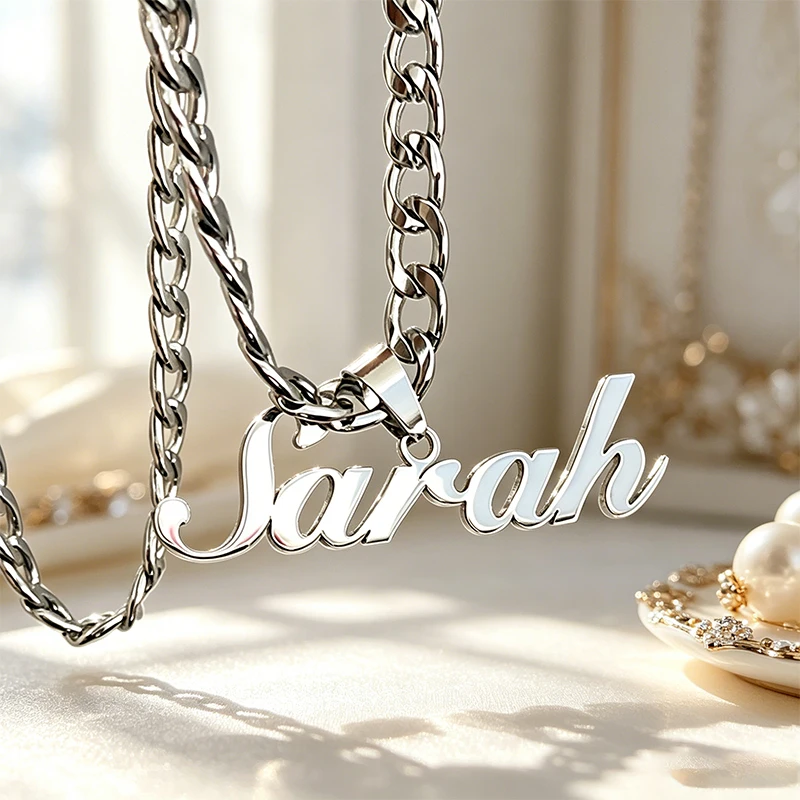 Stainless Steel Personalized Name Pendant Necklace Cuban Link Chain Woman Man Custom English Arabic Hebrew Name Necklace Jewelry