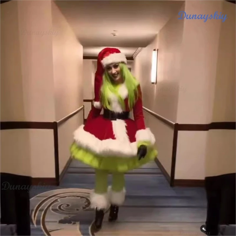 Vestido de Navidad de Papá Noel estilo Ins, disfraces de Cosplay para mujer, disfraces de actuación de fiesta de monstruo de piel verde, capa, peluca, diablo, 2025