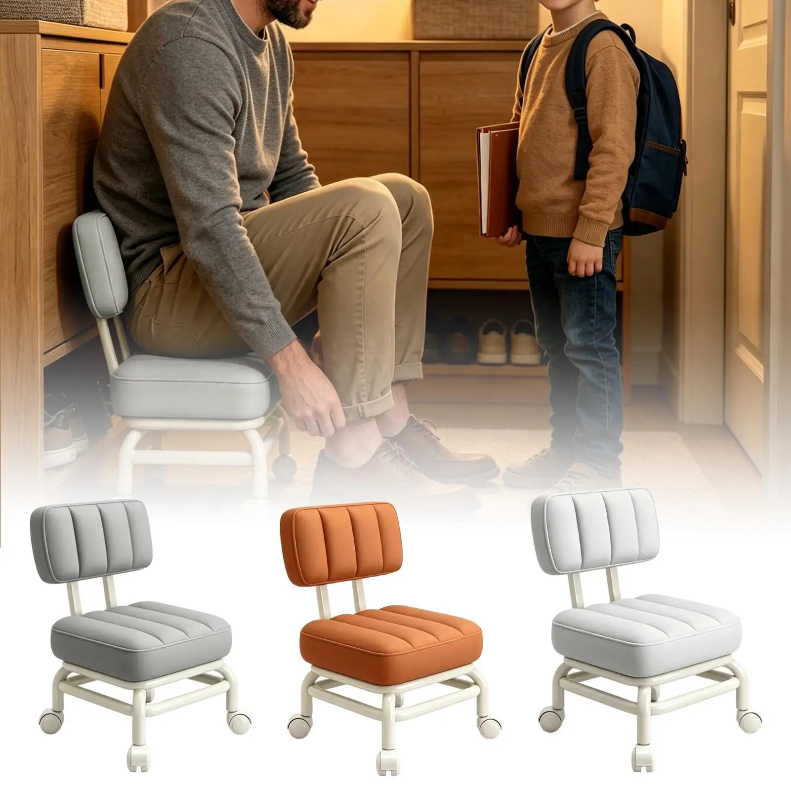 Low Chair With Wheels Waterproof 360-Degree Swivel Thickened Pad Chair With Backrest Short Stool With Wheels For Home Office