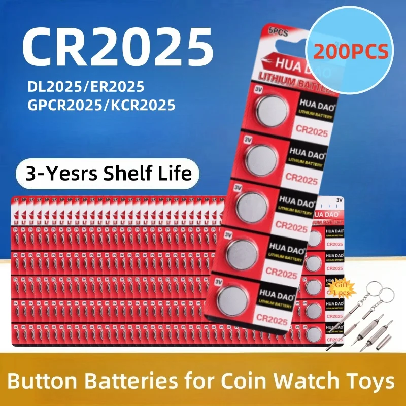 200PCS CR2025 Lithium Coin Battery Ultra High Capacity Powerful 3V Output Specialty Technology TV Remote Car Fob Watches