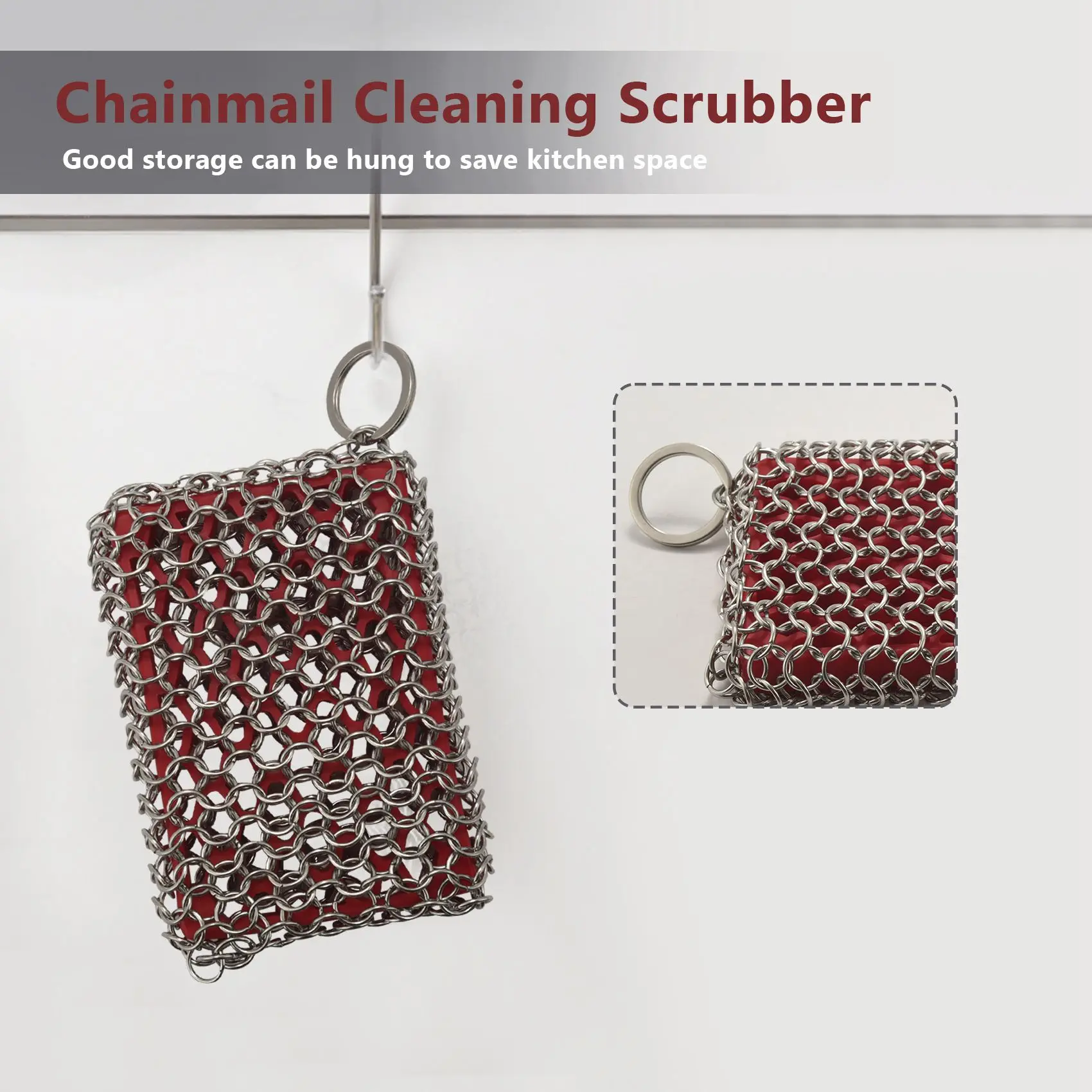 Cast Iron Skillet Cleaner,316 Stainless Steel Chainmail Cleaning Scrubber Silicone Scrubber,for Kitchen Cookware (Red)